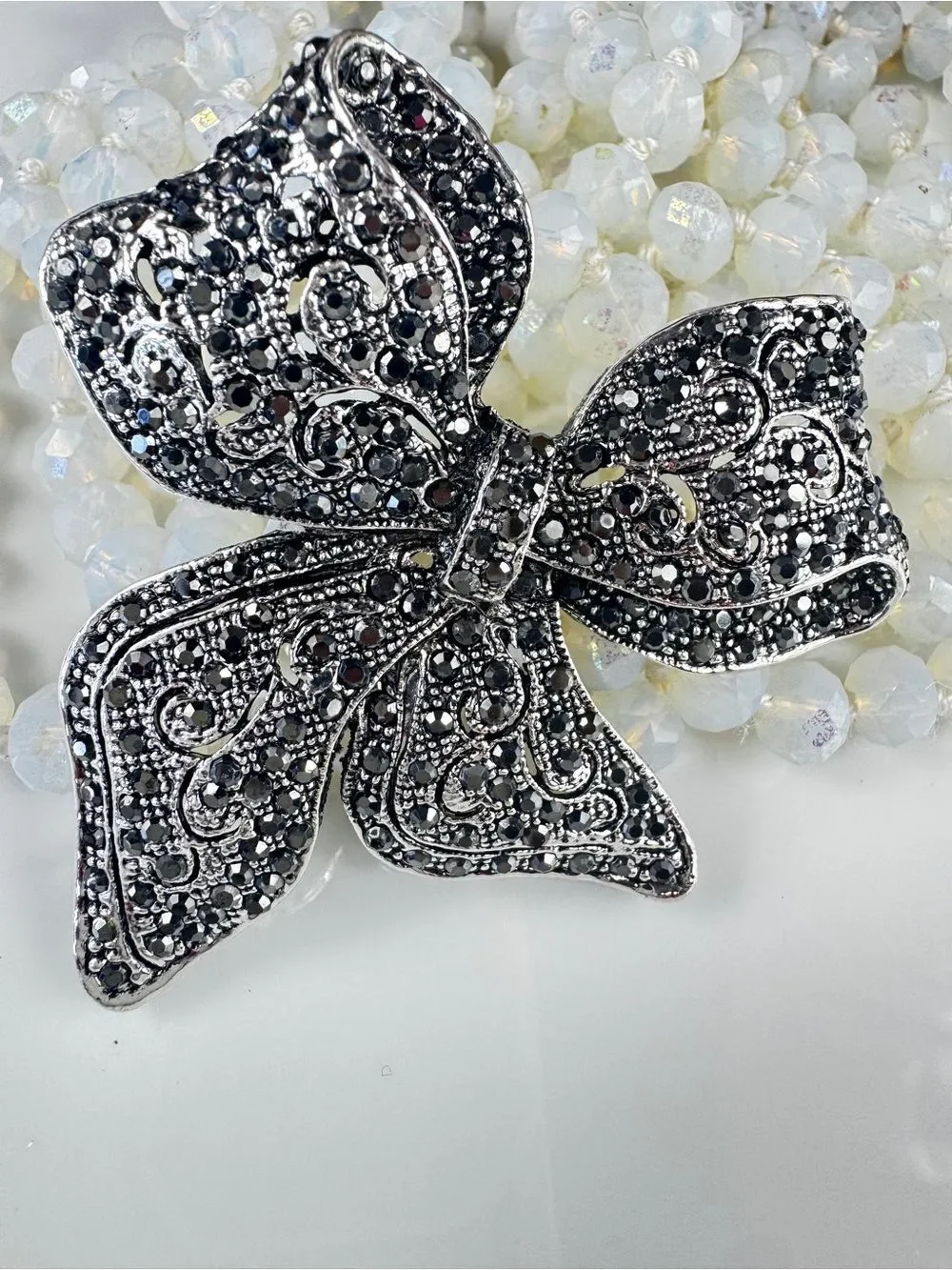 Vintage Black Crystal Bow Brooch - Silver Accents